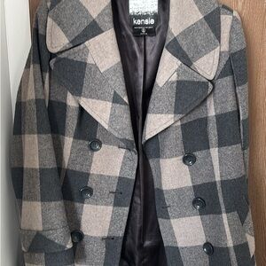 Kensie Plaid Double-Breasted Wool Blend Coat in Gray and Cream